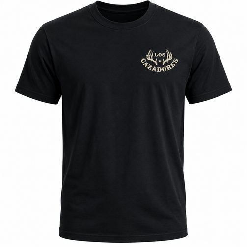 Black short-sleeve crewneck T-shirt displayed on an invisible male ghost mannequin against a pure white background. The shirt features a small tan Los Cazadores antler logo printed on the wearer's left chest. The lightweight tee has a classic fit, ribbed crew neckline, and clean front design suitable for everyday wear and outdoor activities.