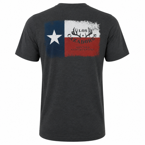 Los Cazadores Texas Preferred short sleeve t-shirt in charcoal heather gray displayed on a male ghost mannequin against a white background, featuring a large distressed Texas flag graphic with the Los Cazadores antler logo and Hunting Headquarters text across the upper back.