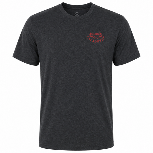 Los Cazadores Texas Preferred short sleeve t-shirt in charcoal heather gray displayed on a male ghost mannequin against a white background, featuring a small red Los Cazadores antler logo on the left chest and a classic crew neck design.