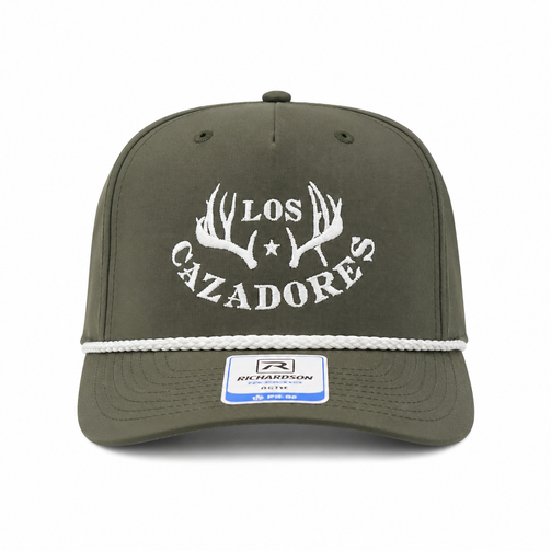 Front view of the Los Cazadores military green rope cap with white horn logo embroidery and brim sticker on a clean white background.