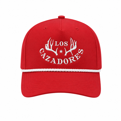 Front view of the Los Cazadores red rope cap with white horn logo embroidery on a clean white background.