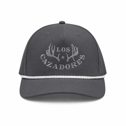 Front view of the Los Cazadores slate grey rope cap with white rope detail and horn logo embroidery on a clean white background.