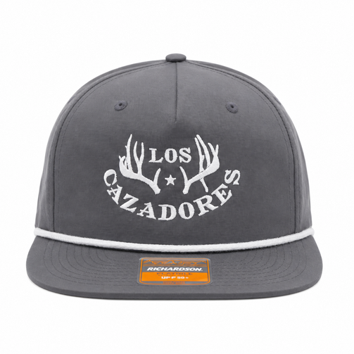 Front view of a gray Los Cazadores rope hat with white embroidered logo and flat brim on a white background.