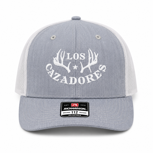 Front view of the Los Cazadores Heather Grey mesh-back cap Size XL with white horn logo embroidery and brim sticker on a clean white background.