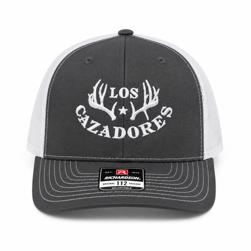 whitebox image of front view of los cazadores logo embroidered cap in charcoal and white mesh backing