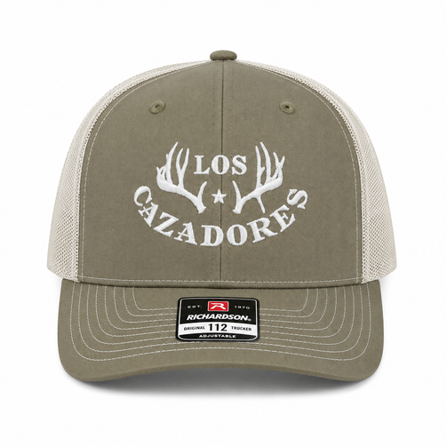 whitebox image of front view of los cazadores logo embroidered cap in beetle and quarry mesh backing