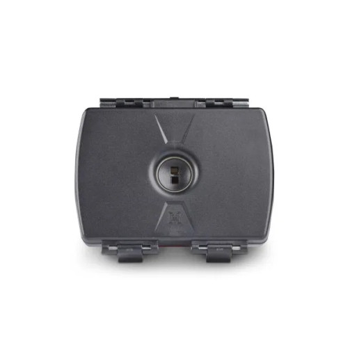 Front product view of the Moultrie Universal Feed Hub Unit with its compact black housing and center feed monitoring sensor.
