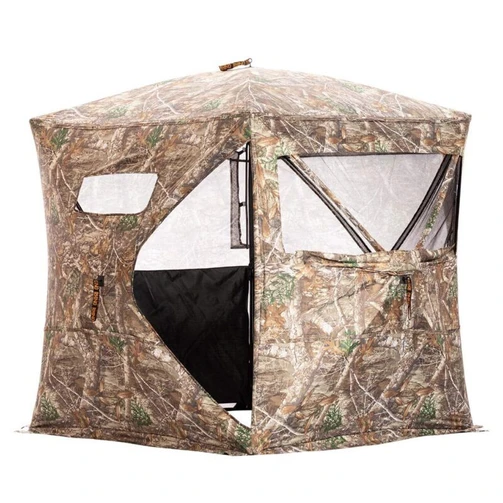 Rhino 180 Pro hunting blind with door unzipped, showing the blacked-out interior and mesh shooting windows