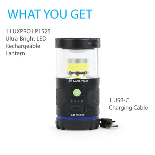 What you get: LuxPro LP1525 rechargeable lantern and USB-C charging cable