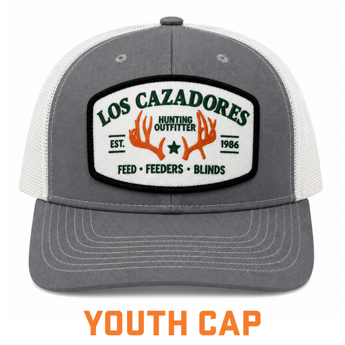 Front view of the Los Cazadores grey and white mesh-back cap with outfitter patch, orange antlers, and green lettering on a clean white background.