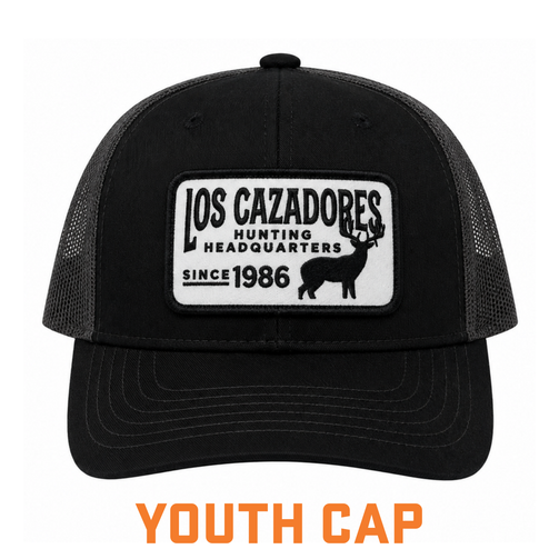 Front view of the Los Cazadores youth black and grey mesh-back cap with Hunting Headquarters patch on a clean white background.