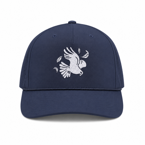 Front view of the navy Los Cazadores performance rope cap with white bird embroidery on a clean white background.