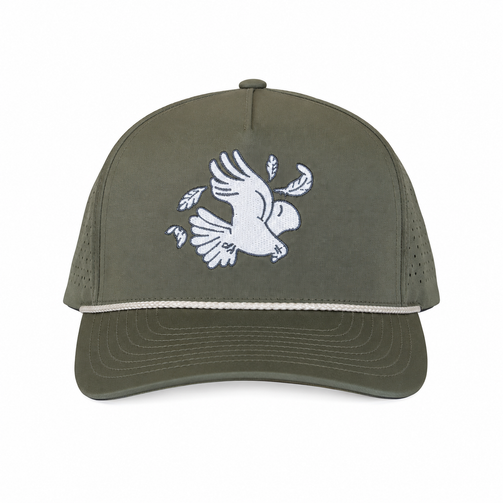 Front view of the olive Los Cazadores performance rope cap with white bird embroidery and light rope detail on a clean white background.