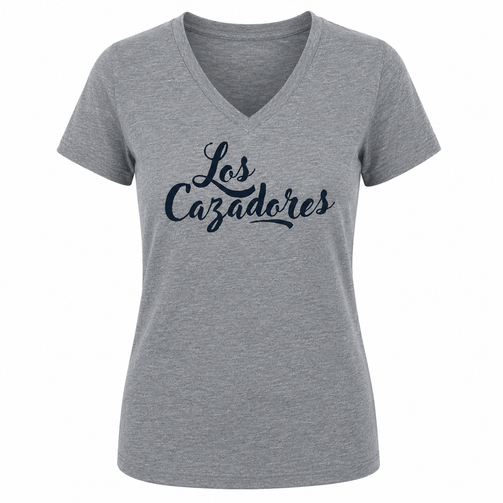 Women's heather gray V-neck Los Cazadores T-shirt displayed on an invisible ghost mannequin against a white background. Features a relaxed feminine fit, short sleeves, and a large navy script "Los Cazadores" graphic printed across the front chest in a clean ecommerce product image style.