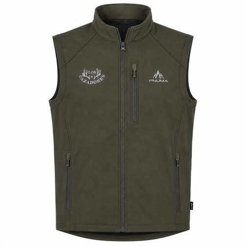 Front view of a Pnuma Beluga Grey softshell vest displayed on a ghost mannequin against a white background, featuring a white embroidered Los Cazadores antler logo on the left chest, Pnuma logo on the right chest, full front zipper, zippered chest pocket, and dual hand pockets.
