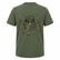 Back view of Los Cazadores heather olive green short sleeve t-shirt displayed on a ghost mannequin against a white background. Features a large vintage-style Los Cazadores deer contest graphic centered on the back with antlers, deer illustration, and heritage-inspired typography in tan and black tones.