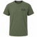 Front view of a Los Cazadores heather olive green short sleeve t-shirt displayed on a ghost mannequin against a white background. Features a small black Los Cazadores antler logo printed on the left chest, with a classic crew neck design and soft heathered fabric.