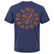 Back view of a Los Cazadores adult short-sleeve t-shirt displayed on an invisible ghost mannequin against a white background. The heather navy tee features a large vintage-inspired Los Cazadores graphic centered across the upper back with orange antlers, deer illustration, "The World's Largest White Tail Deer Contest," "Randall TX," and "Since 1986" text. The classic crew neck construction and heathered fabric texture are showcased in a clean ecommerce-style product image.