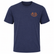 Front view of a Los Cazadores adult short-sleeve t-shirt displayed on an invisible ghost mannequin against a white background. The heather navy crew neck tee features a small orange Los Cazadores antler logo printed on the wearer's left chest. The shirt has a classic fit, short sleeves, and a soft heathered fabric texture, presented in a clean ecommerce-style product image.