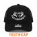 Front view of Los Cazadores Horns Logo Youth Richardson Cap in Black with Black Mesh Coloring with white background.