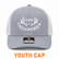 Front view of Los Cazadores Horns Logo Youth Richardson Cap in Heather Grey with White Mesh Coloring with white background.