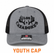 Front view of Los Cazadores Horns Logo Youth Richardson Cap in Heather Grey with Black Mesh Coloring with white background.