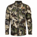 Front view of a Los Cazadores men's camouflage long-sleeve button-up shirt displayed on an invisible ghost mannequin against a white background. The performance shirt features a multi-tone camouflage pattern in olive, brown, tan, and gray, with a button-down collar, full button-front closure, and technical outdoor construction. An orange Los Cazadores antler logo is embroidered on the wearer's left chest, creating a bold contrast against the camo pattern. Shown in a high-resolution ecommerce-style product image highlighting the garment's hunting-focused design, functionality, and premium outdoor apparel styling.