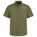 Front view of a Los Cazadores short-sleeve performance button-up shirt displayed on an invisible ghost mannequin against a pure white background. The olive-green technical fishing shirt features a structured collar, full button-front closure, dual vertical zippered chest pockets, and lightweight moisture-wicking fabric. A tan Los Cazadores antler logo is printed on the wearer's left chest. The shirt is presented in a high-resolution ecommerce-style product image highlighting its outdoor performance features, clean tailoring, and hunting lifestyle branding.