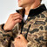 Close-up of the zipper, collar and Burlebo patch on the Rocky Mountain camo sherpa