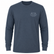 Front view of a Los Cazadores adult long-sleeve performance shirt displayed on an invisible ghost mannequin against a white background. The heather slate-blue crew neck shirt features a subtle tonal gray Los Cazadores antler logo printed on the wearer's left chest. The lightweight long-sleeve design has a relaxed athletic fit and clean ecommerce-style presentation highlighting the front branding and garment construction.