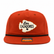 Front view of the Los Cazadores rust orange rope cap with black rope, arrowhead patch, and brim sticker on a clean white background.