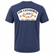 Back view of a Los Cazadores adult short-sleeve t-shirt displayed on an invisible ghost mannequin against a white background. The heather navy tee features a large vintage-style badge graphic centered across the upper back with "LOS CAZADORES" text, orange antlers, "Hunting Outfitter," established date 1986, and "Feed • Feeders • Blinds" lettering in black and white. Clean ecommerce product image showcasing the full back graphic and classic crew neck construction.
