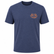 Front view of a Los Cazadores adult short-sleeve t-shirt displayed on an invisible ghost mannequin against a white background. The heather navy crew neck tee features a small orange Los Cazadores antler logo printed on the wearer's left chest. The shirt has a classic relaxed fit, short sleeves, and a soft heathered fabric texture. Clean ecommerce-style product image showcasing the front design and garment construction.