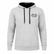 Front view of a Los Cazadores pullover hoodie displayed on an invisible ghost mannequin against a white background. The hoodie features a light heather gray body, black hood lining, black drawstrings, ribbed cuffs and hem, and a front kangaroo pocket. A black embroidered Los Cazadores antler logo is positioned on the wearer's left chest. Clean ecommerce-style product image showcasing the hoodie’s fit, construction, and outdoor lifestyle branding.