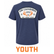 Youth Los Cazadores heather navy blue T-shirt on a ghost mannequin featuring a large vintage Feed Store graphic with orange antlers printed on the back against a white background.