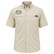 Front view of a khaki Los Cazadores short-sleeve button-down performance shirt displayed on a ghost mannequin against a white background. Features embroidered black Los Cazadores antler logo on the left chest, vented mesh side panels, dual chest pockets, button-front closure, and lightweight outdoor fabric.