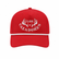 Front view of the Los Cazadores red rope cap with white horn logo embroidery on a clean white background.