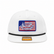 Front view of the Los Cazadores white rope cap with black rope, flag-style logo patch, and brim sticker on a clean white background.