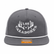 Front view of a gray Los Cazadores rope hat with white embroidered logo and flat brim on a white background.