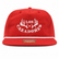 Front view of a red Los Cazadores rope hat with white embroidered logo and white rope detail on white.