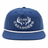 Front view of a blue Los Cazadores rope hat with white embroidered logo and white rope detail on white.
