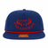 Front vieFront view of a royal blue Los Cazadores rope hat with red embroidered logo and red rope detail on white.