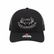 Front view of the Los Cazadores black mesh-back cap Size XL with white horn logo embroidery and brim sticker on a clean white background.