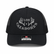 whitebox image of front view of los cazadores logo embroidered cap in black and black mesh backing