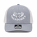 whitebox image of front view of los cazadores logo embroidered cap in heather grey and light grey mesh backing