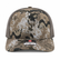 whitebox image of front view of los cazadores original horns logo in grey embroidered on cap that is caza ov camo patterned with beluga gray colored backing