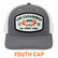 Front view of the Los Cazadores grey and white mesh-back cap with outfitter patch, orange antlers, and green lettering on a clean white background.
