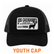 Front view of the Los Cazadores youth black and grey mesh-back cap with Hunting Headquarters patch on a clean white background.