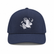 Front view of the navy Los Cazadores performance rope cap with white bird embroidery on a clean white background.