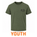 Youth olive heather short-sleeve Los Cazadores T-shirt displayed on an invisible ghost mannequin against a white background. Features a small black Los Cazadores antler logo printed on the left chest and a classic crew neck design.